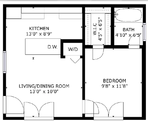 Floor plan for 1 bed, 1 bath, 439 sqft